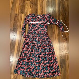 Vintage Komil Black Pink Green Floral Pleated Pockets Long Sleeve M Maxi Dress